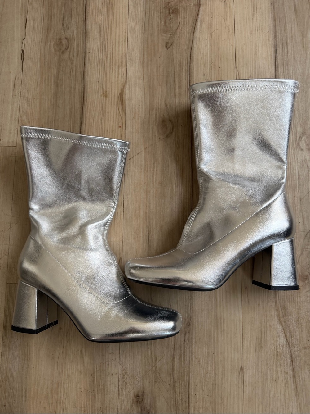 Dream Pairs Metallic Silver Mid-Calf Block Heel Boots